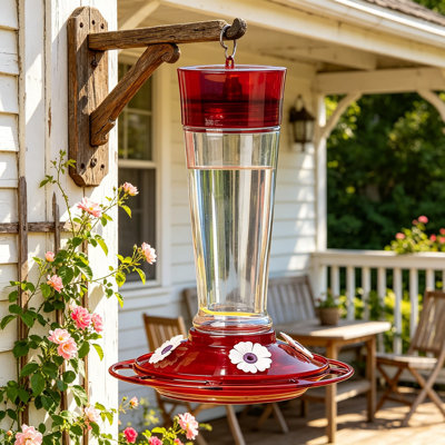 Mangeoire à colibri en verre Ruby avec 4 ports d'alimentation pour fleurs, capacité de 10 onces de nectar, fossé de fourmis intégré pour une utilisation extérieure