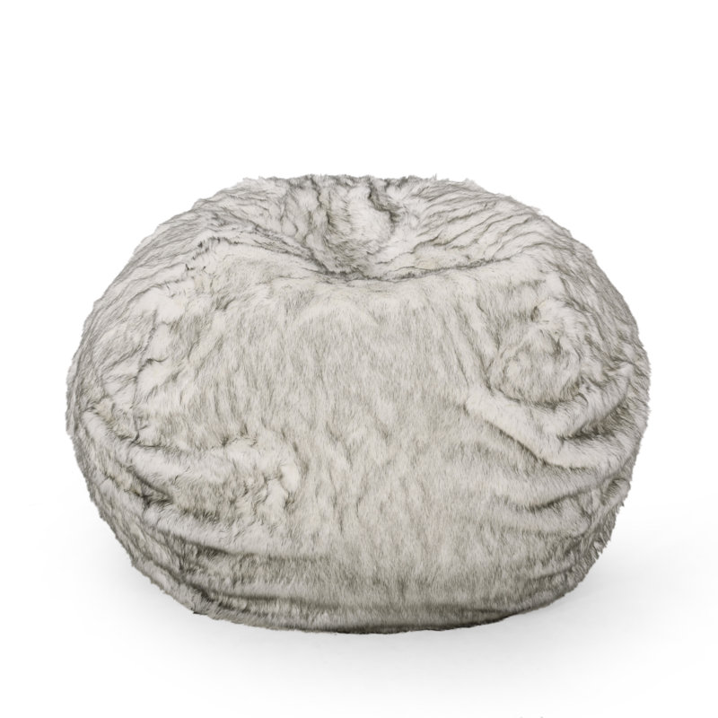 5 Foot Rounded Short Faux Fur Bean Bag, White and Gray, 42" H x 52" W x 52" D, Black Faux Fur