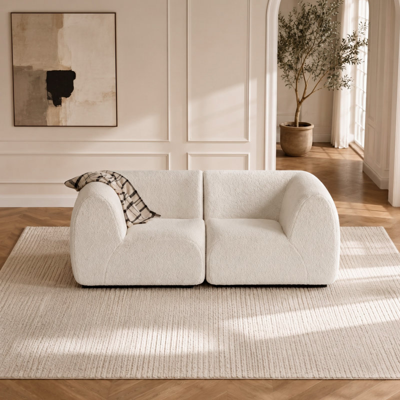 76.38" Curved Loveseat Sofa, Modern Deep Seat Sherpa Boucle Couch, Compression, No Assembly, Teddy - White