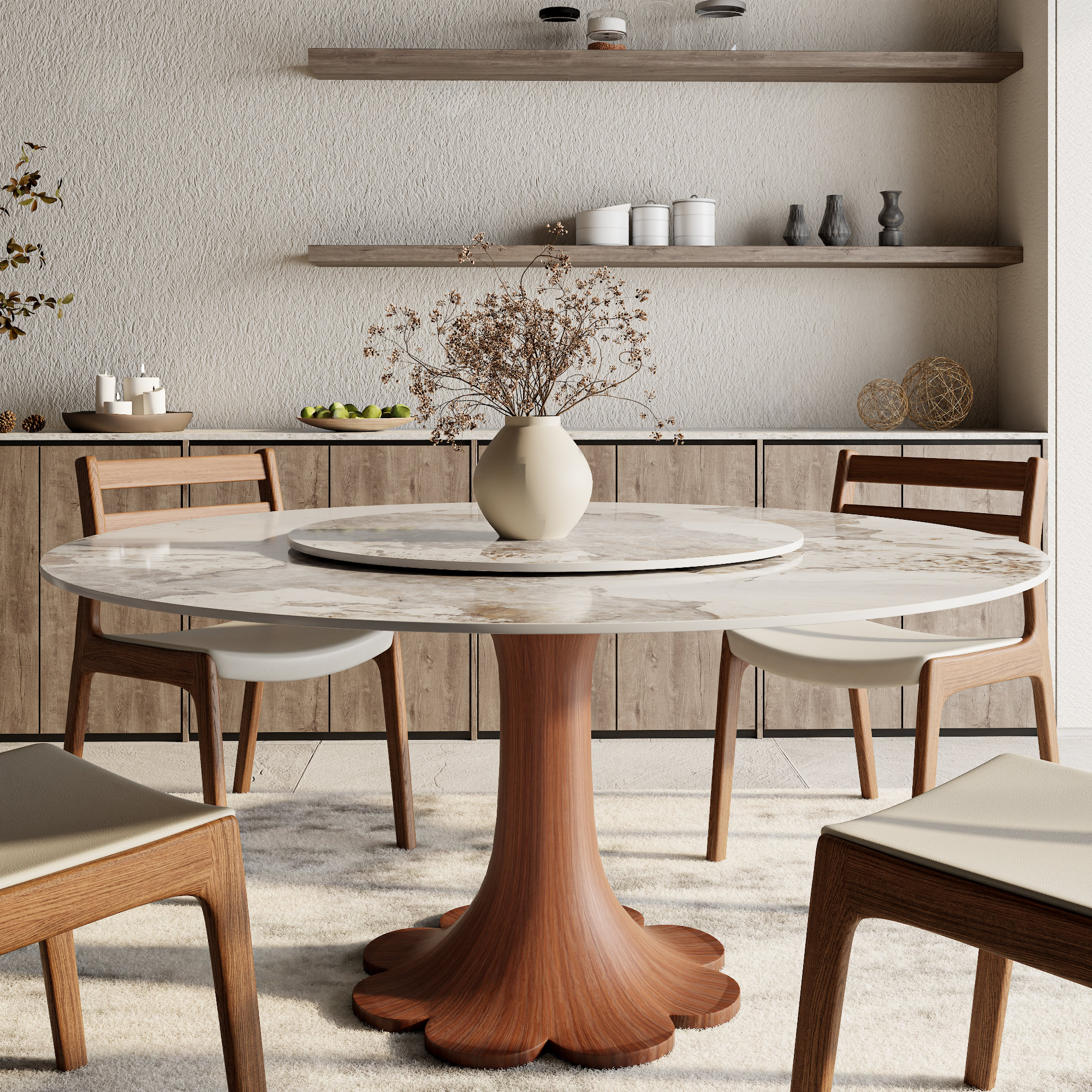 Brayden Studio® Round Stone Top With 360 Circular Rotating Lazy Susan Solid Wood Base Dining Table Set For 6-10 Jainee | Wayfair