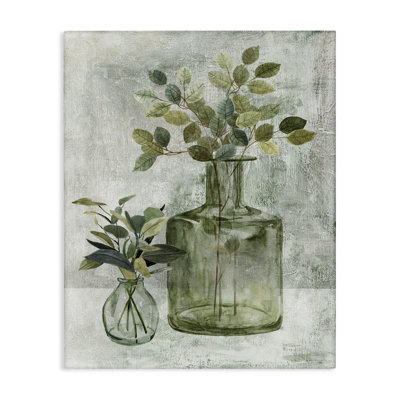 «Herbal Plants Green Leaves Country Vase», peinture rustique sur plaque surdimensionnée par Carol Robinson