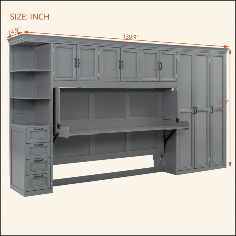 Lit escamotable mural avec garde-robe, armoire et bureau Murphy, Gris
