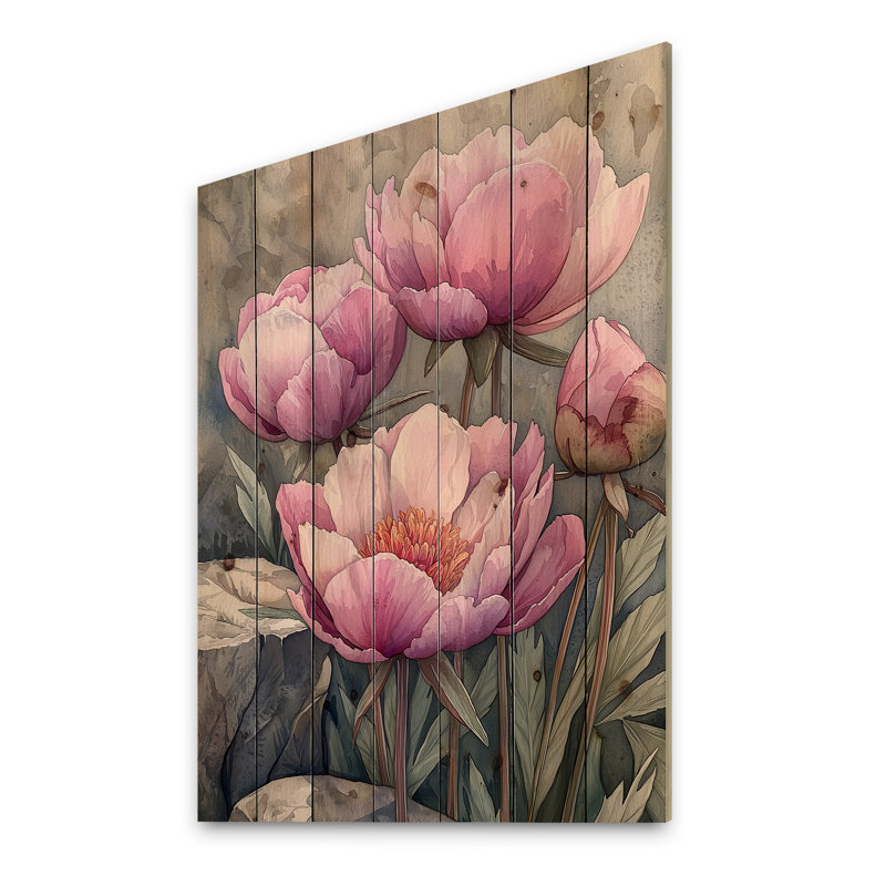 Couches de pivoines élégantes - décoration murale en bois de pivoines - sur bois de pin naturel