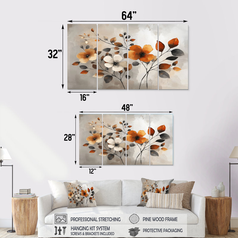 Fleurs de cerisier orange gris botanique VI, H 32 po x l 64 po