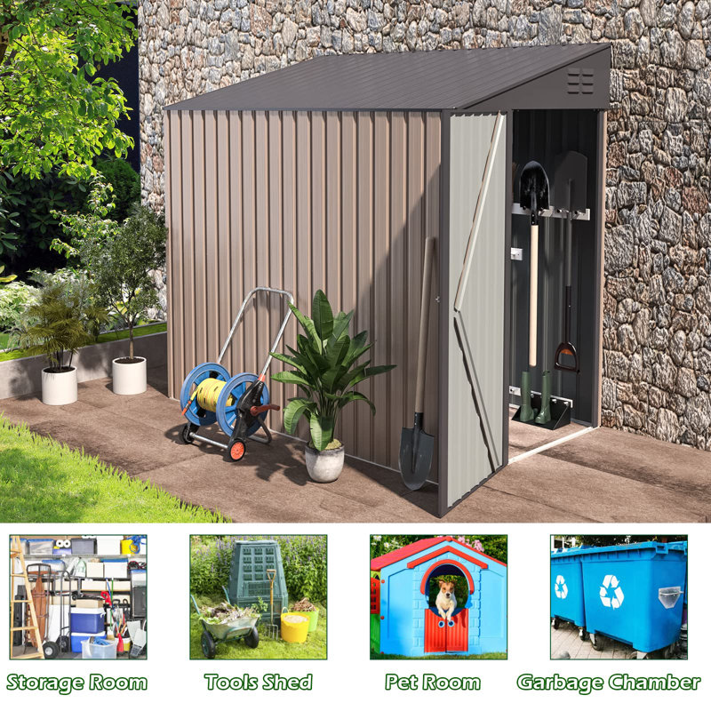 Blockus 4 ft. W x 7 ft. D Galvanized Steel Pent Garden Shed, Brown/Dark Gray