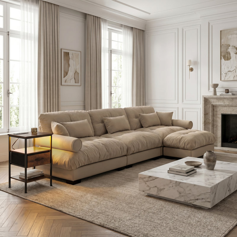 Canapé modulaire en velours de 130 po avec table d'appoint et repose-pieds USB - ensemble de salon