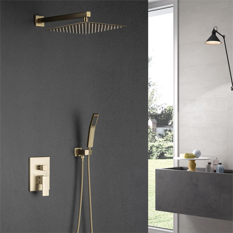 Complete Shower System With Rough-In Valve With 10 Inches Rain Shower Head, Brushed Gold
