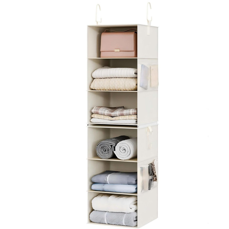 Organisateur de garde-robe à 6 tablettes, 2 tablettes suspendues séparables à 3 tablettes, blanc et ivoire, White