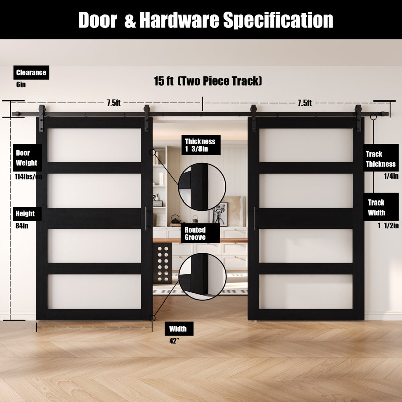 Portes de grange non assemblées et finies en verre 4-en-4 de 42 po x 84 po Homacer, 42" X 84"