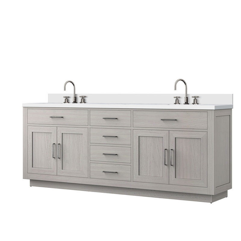 Meuble-lavabo double en chêne blanc 84 po X P 22 po D, plateau en marbre de culture et robinet
