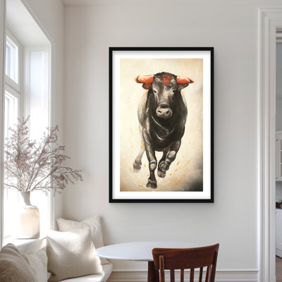 Bull Running - Beige Framed Matted Print for Bedroom Decor