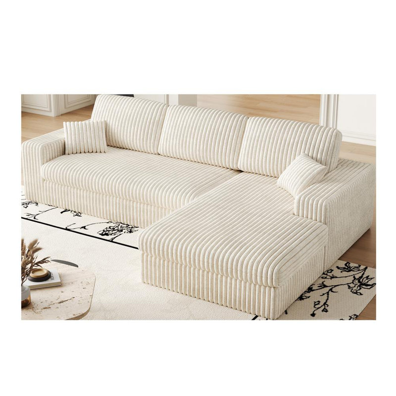 Bodie Upholstered Sectional Sofa with Reversible Recliner & Pillows, Beige Corduroy