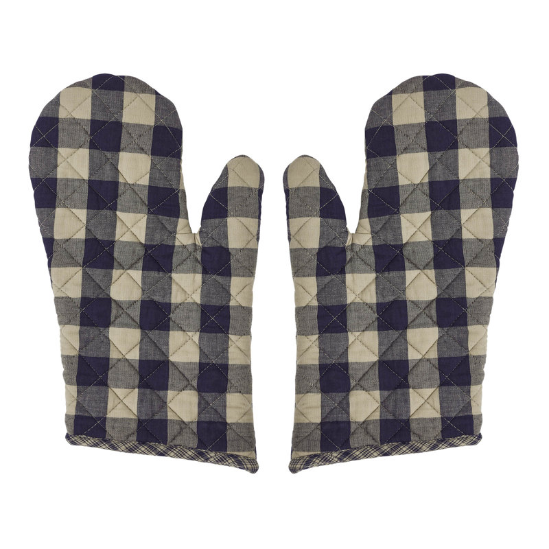 Patriotic Navy and Tan Plaid Cotton Oven Mitt Set
