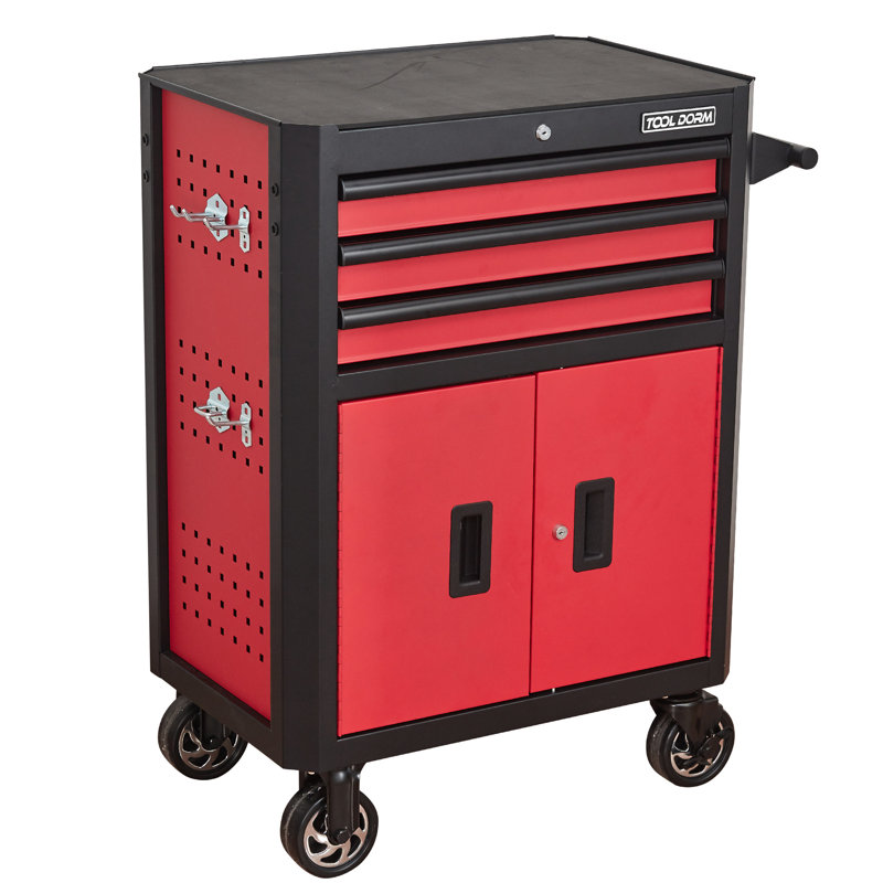 28 - Inch 3 Drawer Rolling Tool Chest In Black And Red, Equipped With Wheels Locking For Workshop Storage Garage Steel Key Locking, Good Warehouse