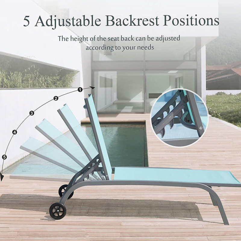 Chaise Lounge Outdoor, Lounge Chairs With Wheels, Outdoor Lounge Chairs With 5 Adjustable Position, 1, Lake Blue/Gray
