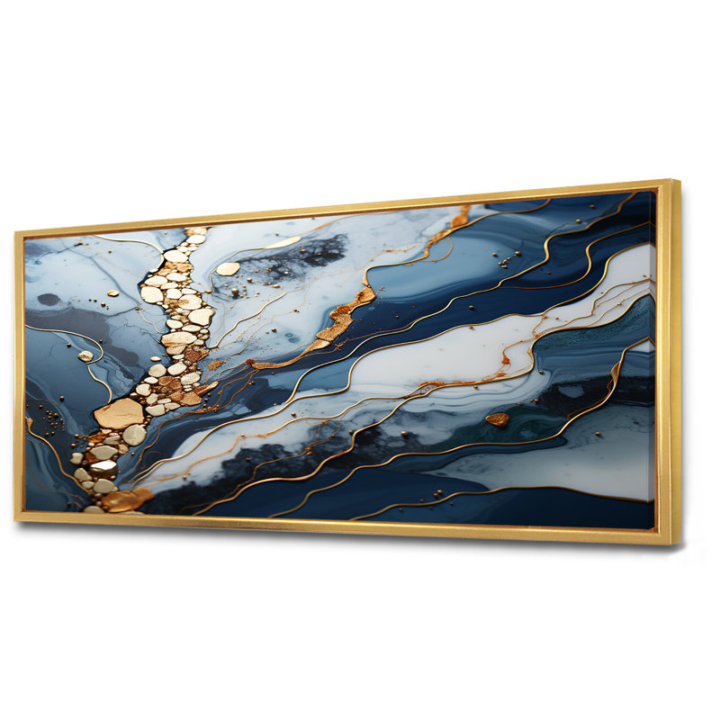 Blue and Gold Marble river II - Abstrait marbré, impressions sur toile, Cadre flottant doré, H 28 po x l 60 po x P 1,5 po