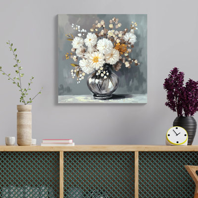 Ready - To Hang White Floral Wall Art 24X24 Inch Ideal For Cottage Core Decor In Bathroom And Living Room Canvas Apartment Retro Landscape