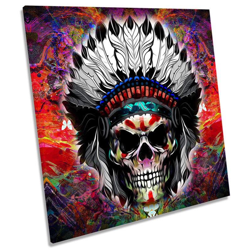 Skull Headress Feathers Picture - Wrapped Canvas Art Prints, 60cm H x 60cm W x 2cm D