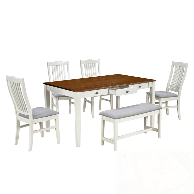 6-Piece Choe with drawer, 4 slat back chairs and Bench, White