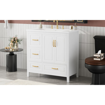 Meuble-lavabo autoportant de 36 po avec lavabo en résine, 2 portes à fermeture en douceur, 4 tiroirs, poignées en alliage d'aluminium, portes d'armoire faciles d'accès pour la plomberie, dossier ouvert en métal pour l'eau