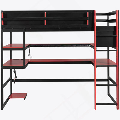 Full Size Wood Loft Bed With Desk,Side Storage Rack,Multi-Storage Shelves And RGB Light,Red