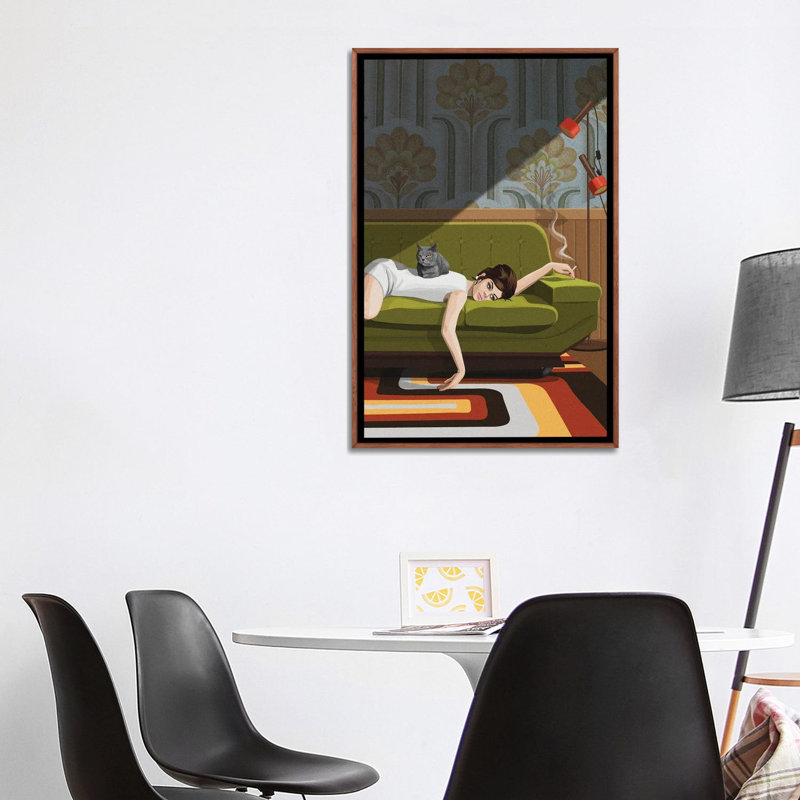 «Waiting Game on Canvas» par Artcatillustrated Print, Impression encadrée, H 48 po x l 32 po, Bois foncé rustique