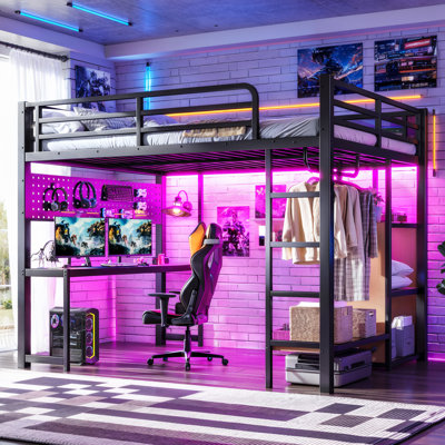Brenza Modern Industrial  Space-Saving  Metal Loft Bed with Desk, Storage Shelves, USB Ports, Lights & Hanging Rod