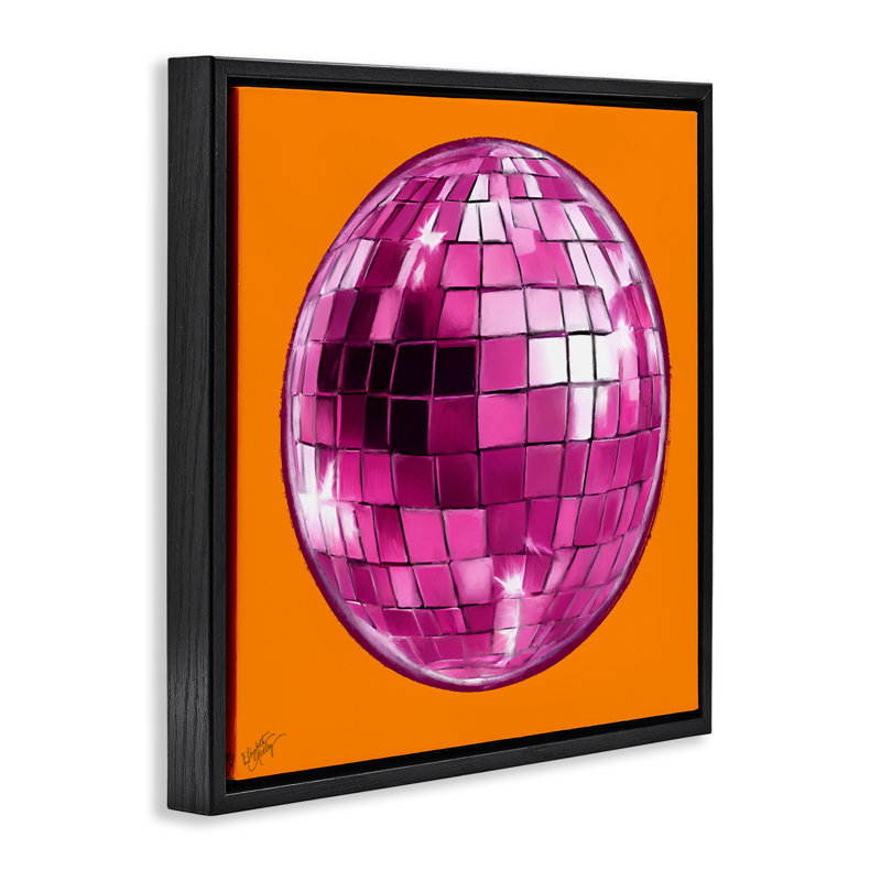 "Disco Ball on Orange", art mural encadré par Elizabeth Medley, Cadre flottant noir de jais, H 18 po x l 18 po