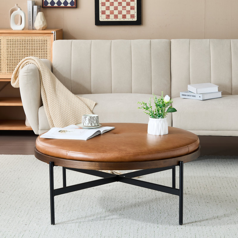 Callion Round Cocktail Ottoman, Brown PU Leather