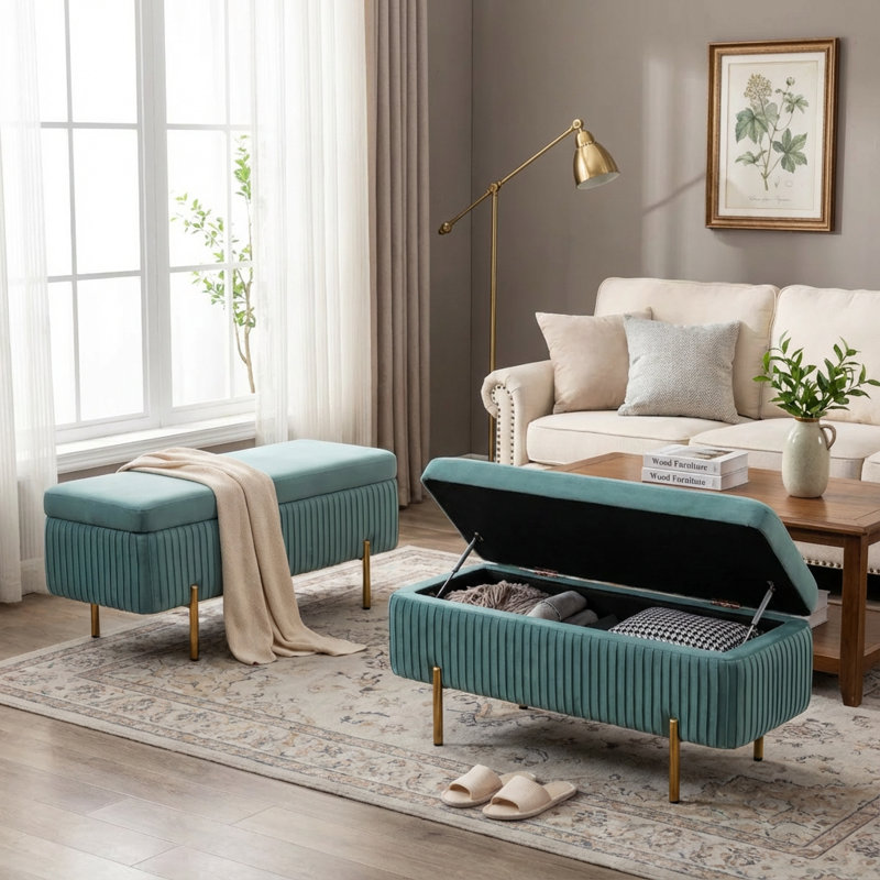 Leaysia Velvet Upholstered Flip Top Storage Bench, Teal