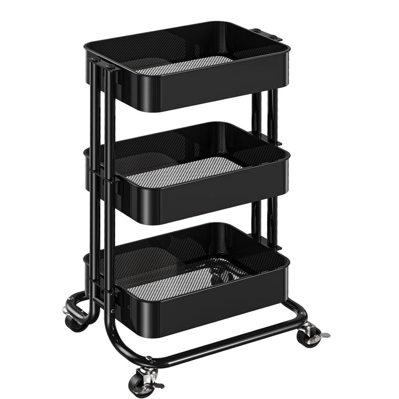 Black 3-Tier Metal Rolling Utility Cart with Casters