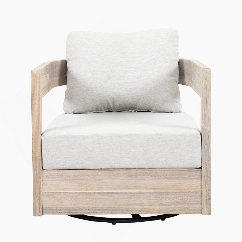 Fauteuil club d'extérieur pivotant en bois, finition blanc clair avec coussin beige, Coussin beige / structure en teck