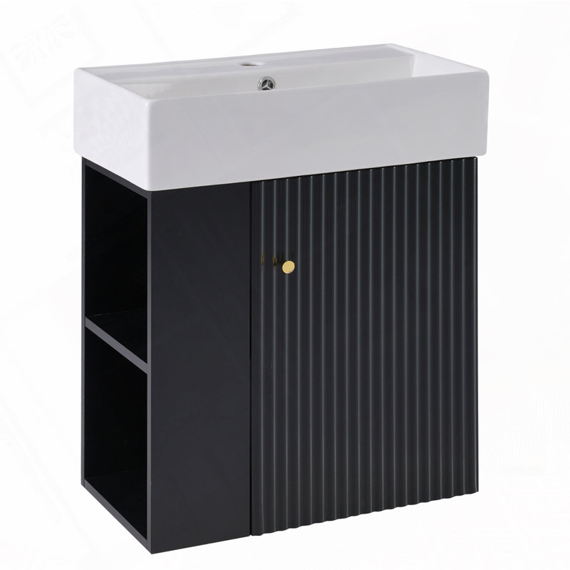 Meuble-lavabo flottant avec lavabo en céramique, Noir, Doré