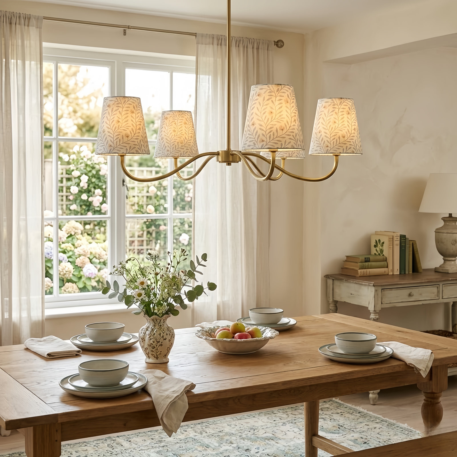 Wrought Iron 5-Light Chandelier, White Print, Polished Brass
