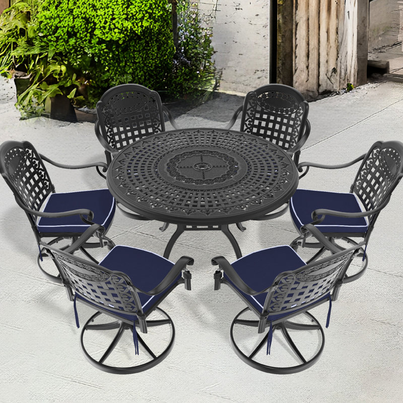 7 All-Weather Cast Aluminum Dining : 6 Swivel Chairs & 47.24" Round Table, Black, To Corrosion And , Comfortable Seating Aluminum, Black Frame, , Seats