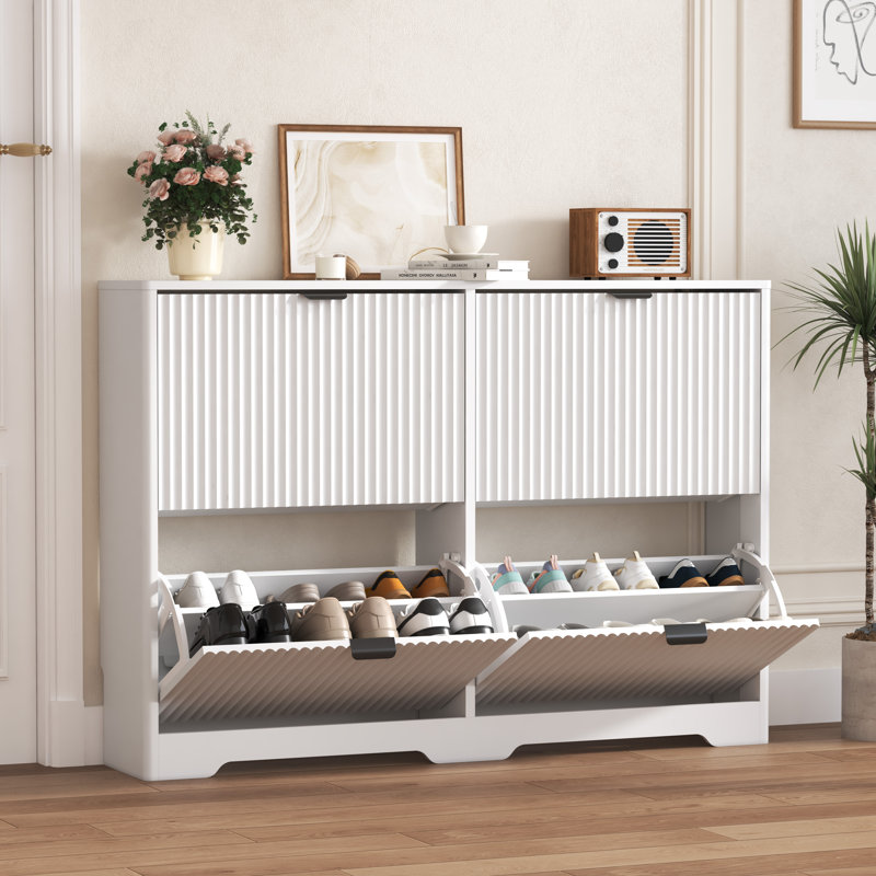33-inch Wavy-Patterned Four-Door Shoe Cabinet with Grooved Flip-Top Drawers and Moisture-Resistant Countertop, White