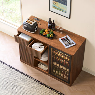 Fluted Bar Cabinet with Fridge Space (Fridge Not Included), Modern Coffee Station with Charging Hub & Wine Glass Rack, Walnut Buffet Sideboard for Home Beverage & Liquor Storage.