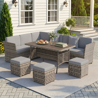 Ensemble de mobilier de jardin en résine tressée 7 pièces avec table à manger - Beige/Gris