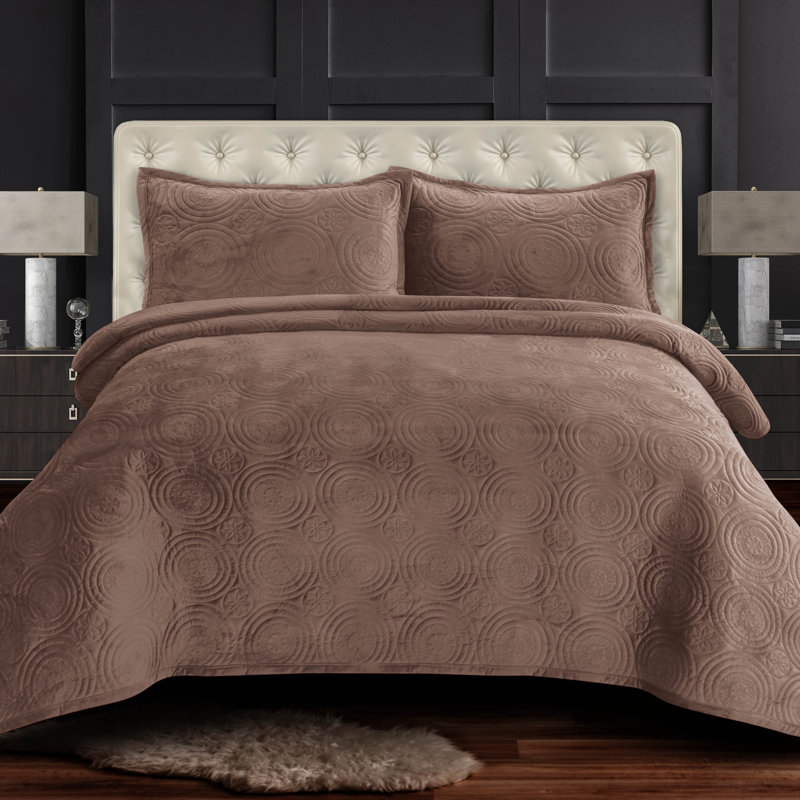 Taupe Full Velvet Reversible Quilt Set with Medallion Stitching