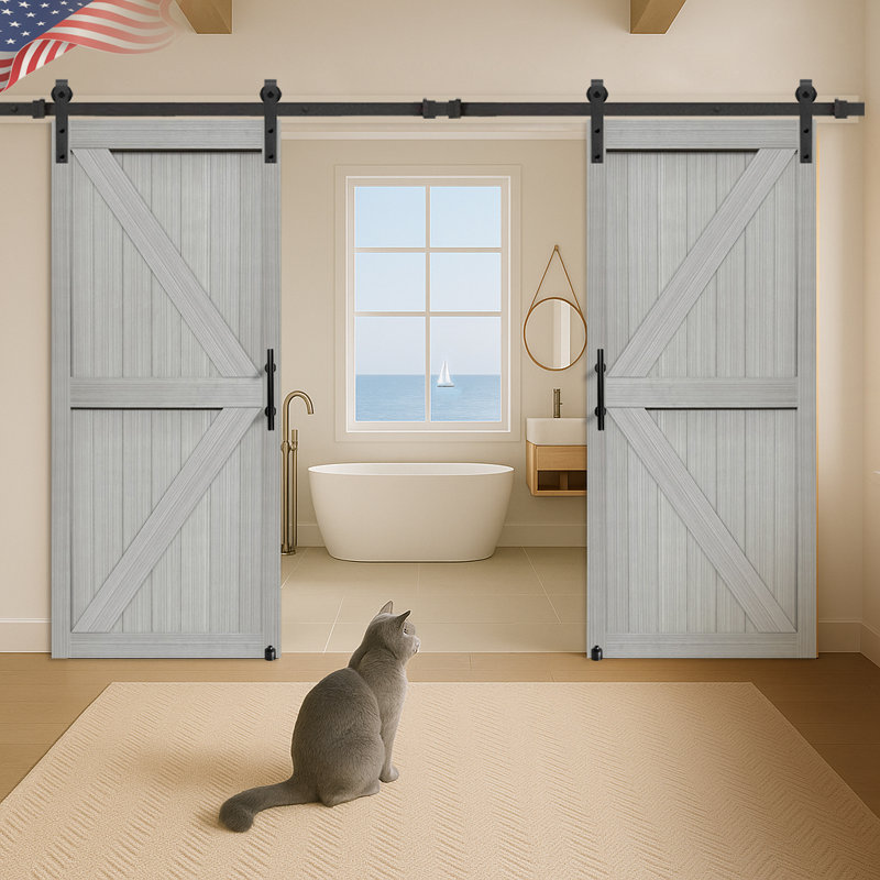 Porte de grange double en éléphant gris MDF 34 po x 84 po S&Z Tophand® avec quincaillerie de porte coulissante de 13 pi, dalle de porte de grange solide recouverte d'une surface en PVC imperméable
