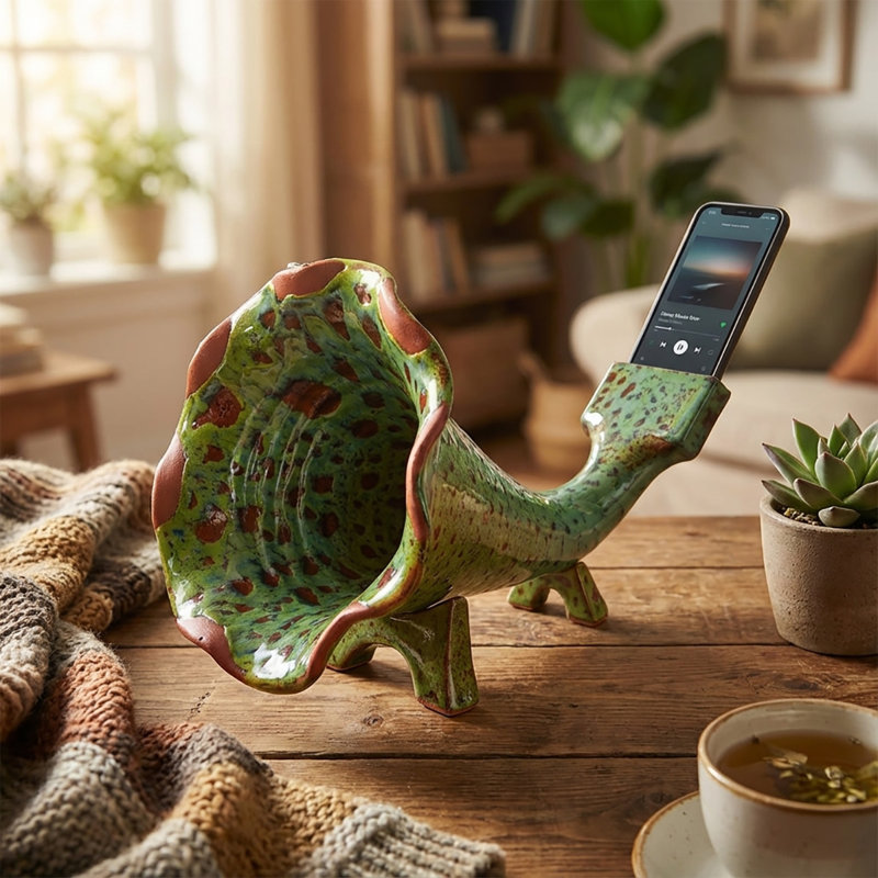 Clayspire Handmade Ceramic Gramophone-shaped Phone Amplifier – Decorative Gramophone Horn for Home Decor with Natural Sound Boost, Pistachio Green Color