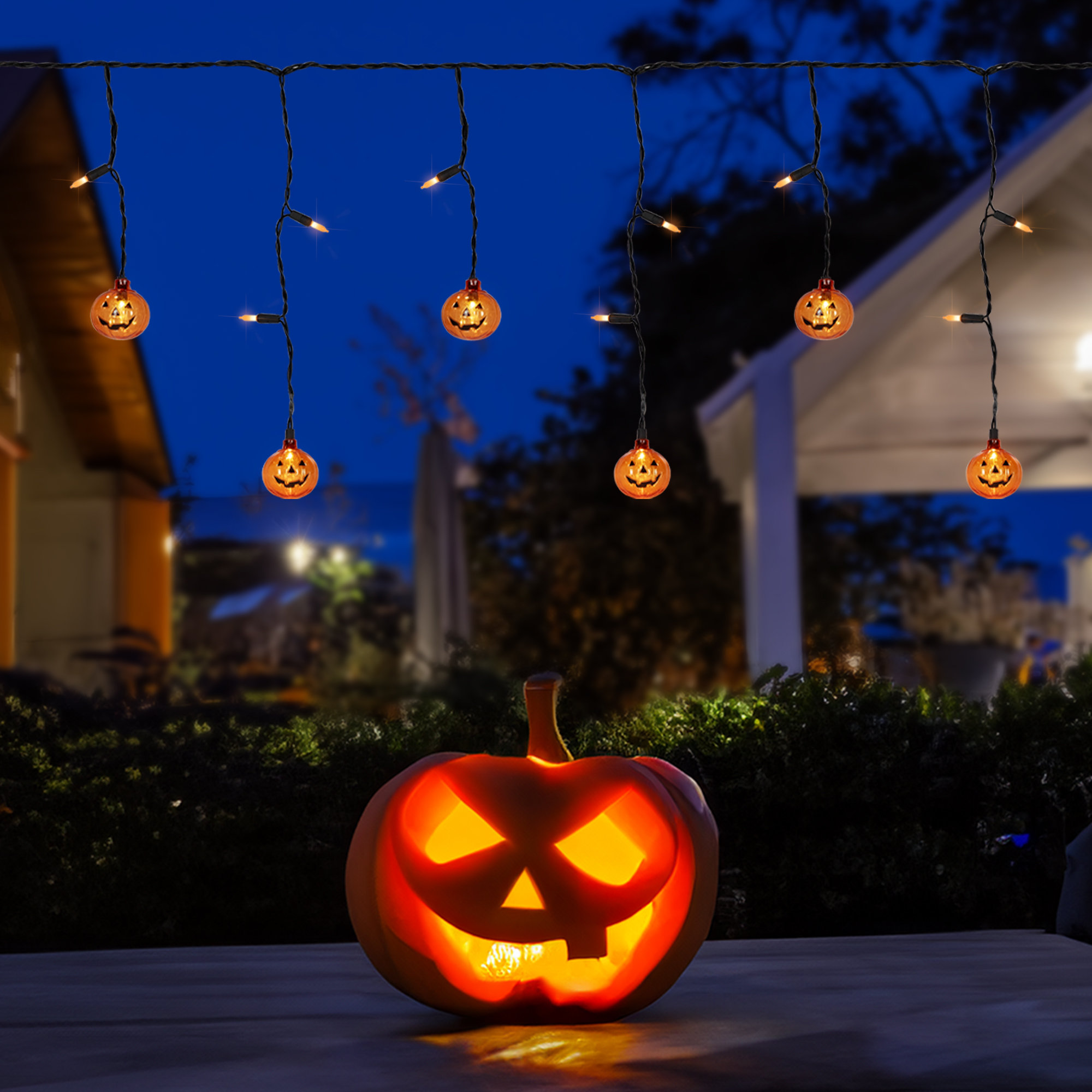 LED Lighted Pumpkin Halloween Curtain Icicle Lights - Orange - 5.25' Black Wire - 25Ct