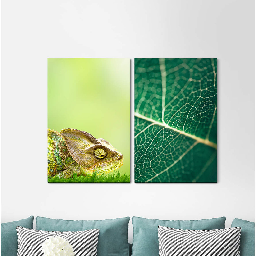 2-tlg. Leinwandbilder-Set - Grafikdruck „Chameleon Meadow Leaf Green Summer Plant”