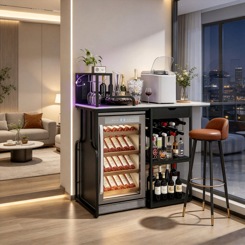 Bar à vin 43 po avec découpe pour refroidisseur à vin, éclairage DEL, porte-verre et tiroir