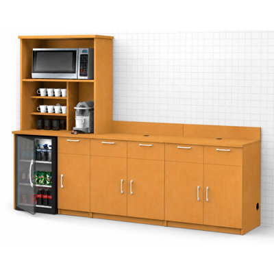 Armoire de rangement à deux portes avec compartiment réfrigérateur et tablette supérieure pour appareils électroménagers, idéale pour salle de pause ou coin café professionnel. Entièrement assemblée. Dimensions : 229 cm (L) x 61 cm (P) x 198 cm (H). Appareils électroménagers non inclus.