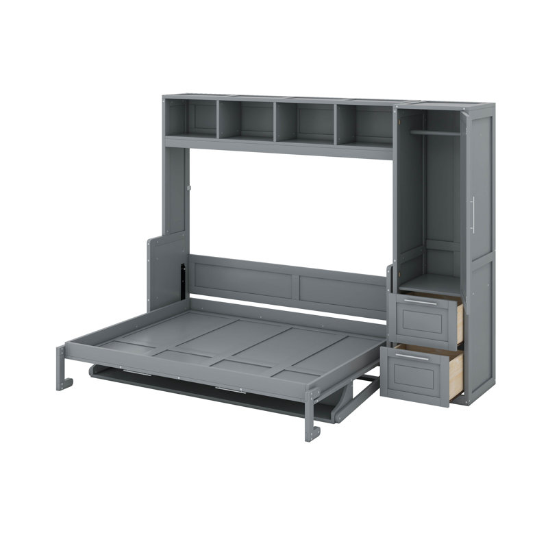 Grand lit escamotable avec placard et tiroirs, Gris