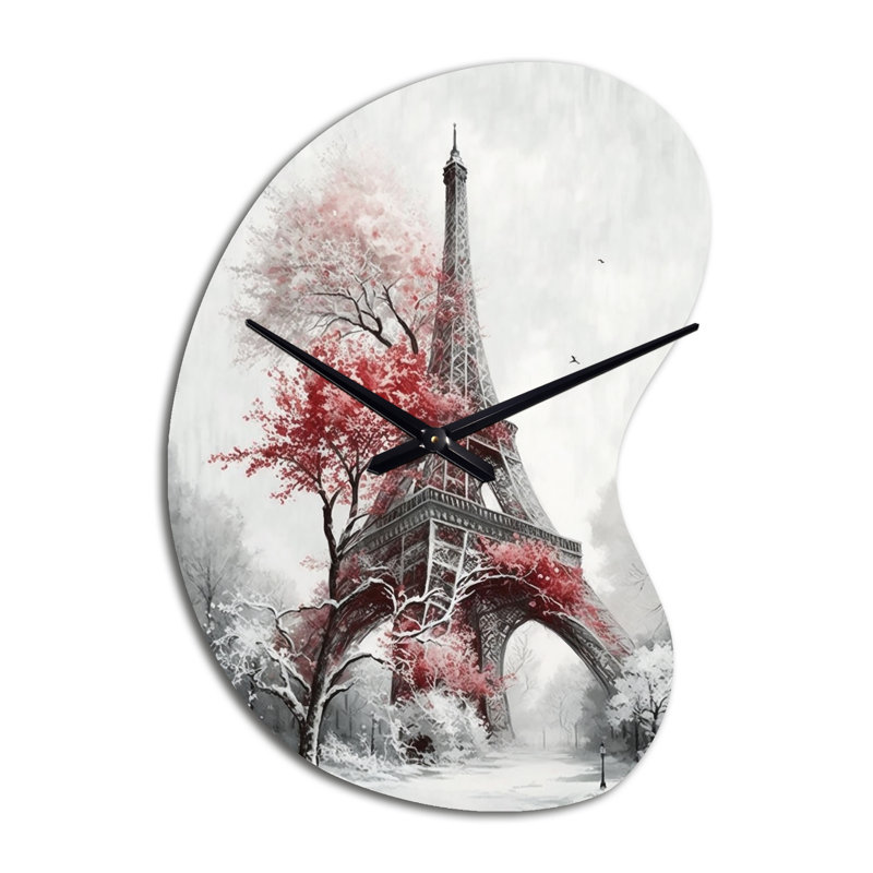 Paysage d'automne dans la ville III - paysage romantique, horloges asymétriques en métal, horloge murale de forme irrégulière rouge