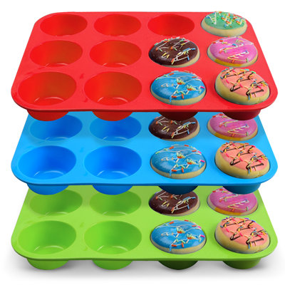 Ensemble de 3 moules à muffins antiadhésifs en silicone de 12 tasses pour faciliter la cuisson et le nettoyage