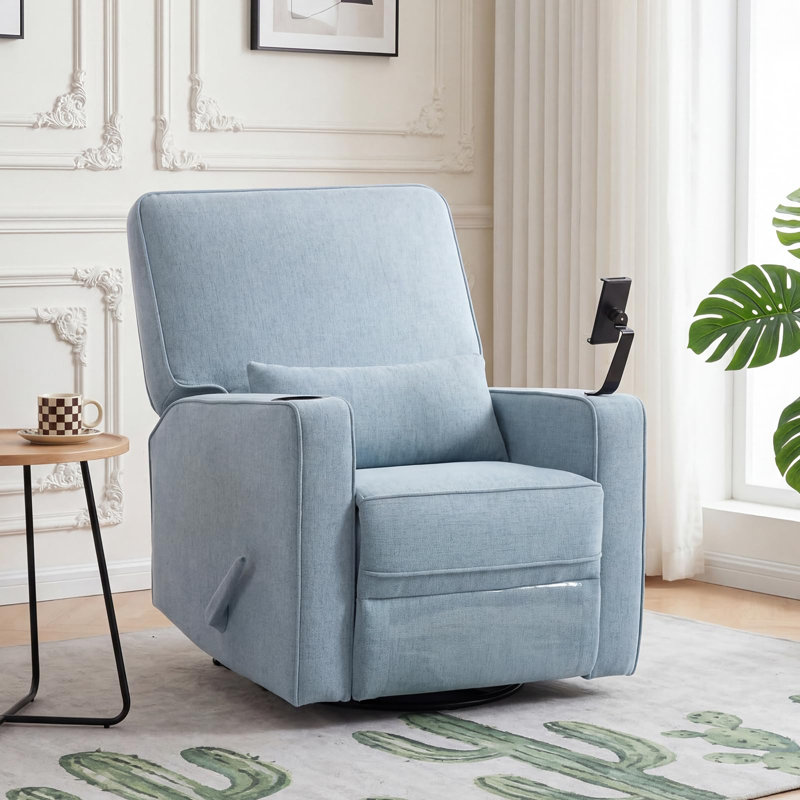 360° Swivel Rocker Recliner Chair With Adjustable Footrest, Rocking Chair Nursery With Phone Stand & Cup Holder, Blue