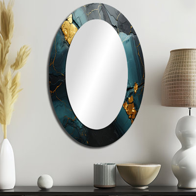 Gold And Green Abstract Marble Aura VII - Modern Oval Wall Mirror